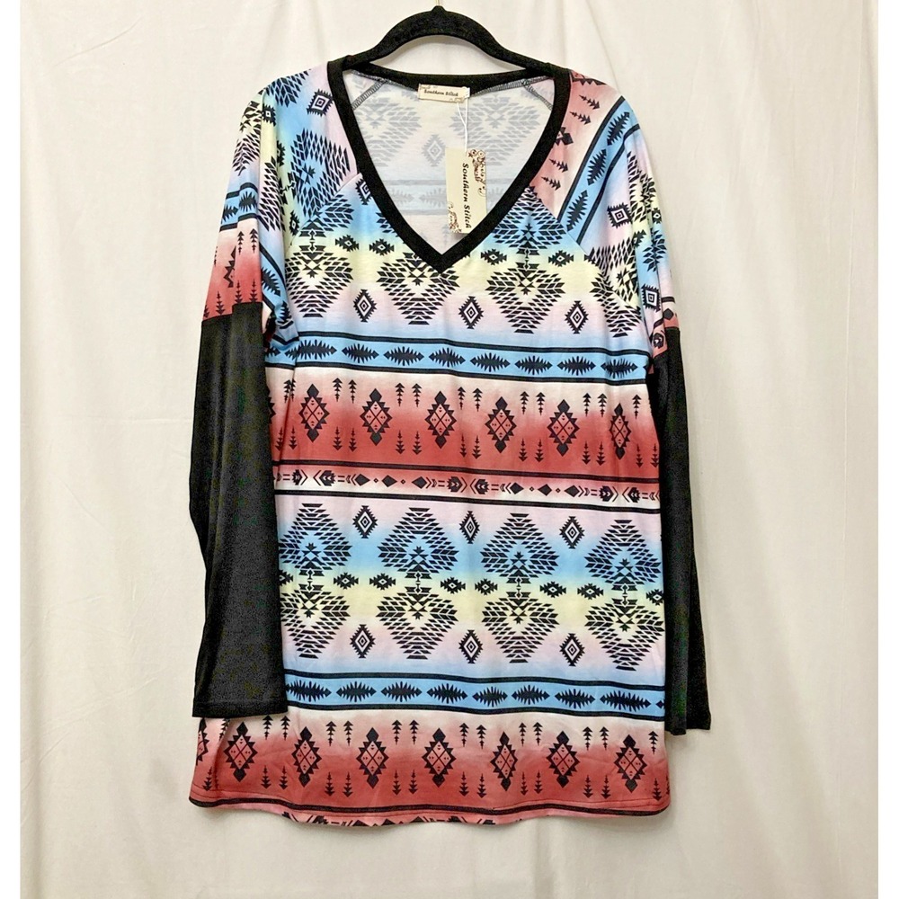 Southern Stitch Multicolor (Sunset) V-Neck Long Sleeve‎ Southwestern Top - SZ XL